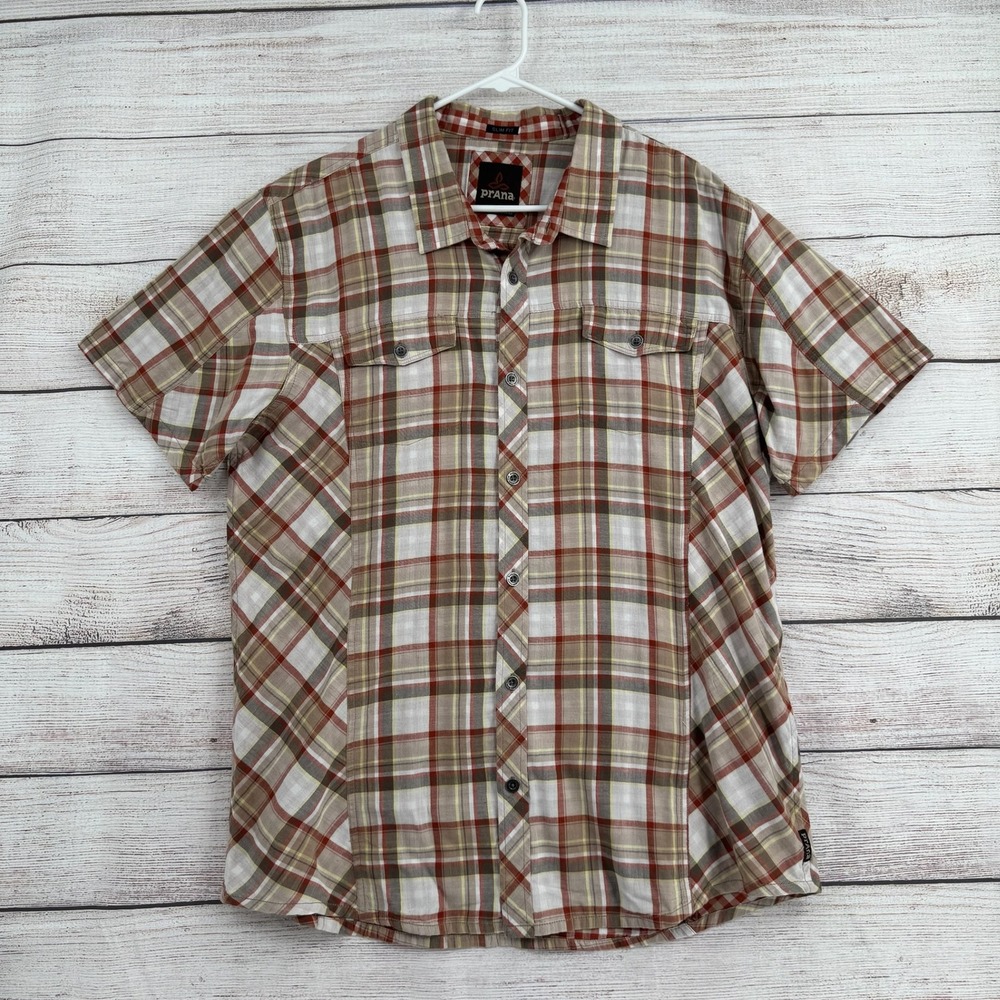 prAna Button Down Shirt Mens XXL Brown Plaid Organic Cotton Slim Fit M1ZOLT115